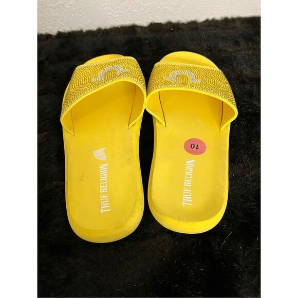 Bedazzled yellow sunshine true religion slide sandals 10 - Picture 3 of 5